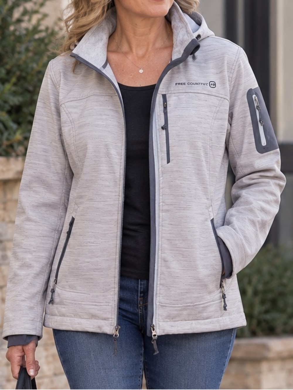 NEW Free Country Light Gray Hooded Utility Jacket with Zip Pockets Women Sz L